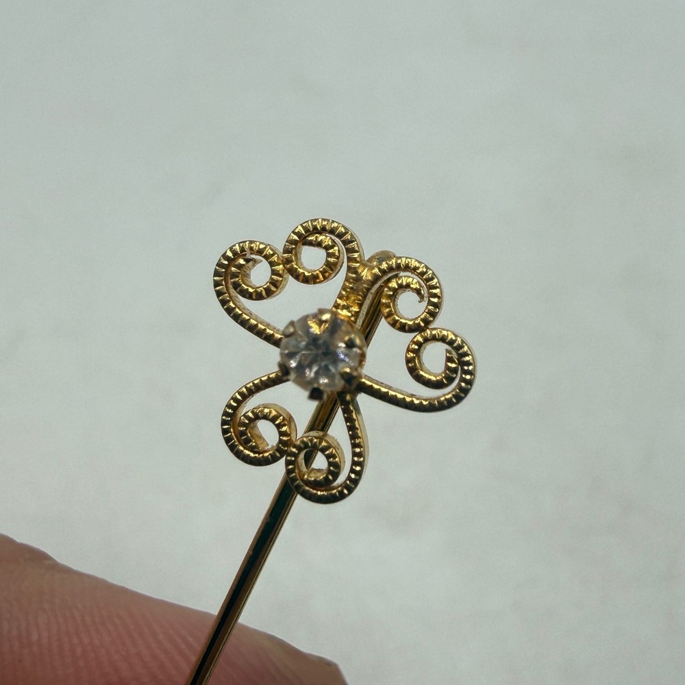 Vintage Gold Tone Butterfly Scroll Rhinestone Stick Pin Lapel Scarf Hat Pin
